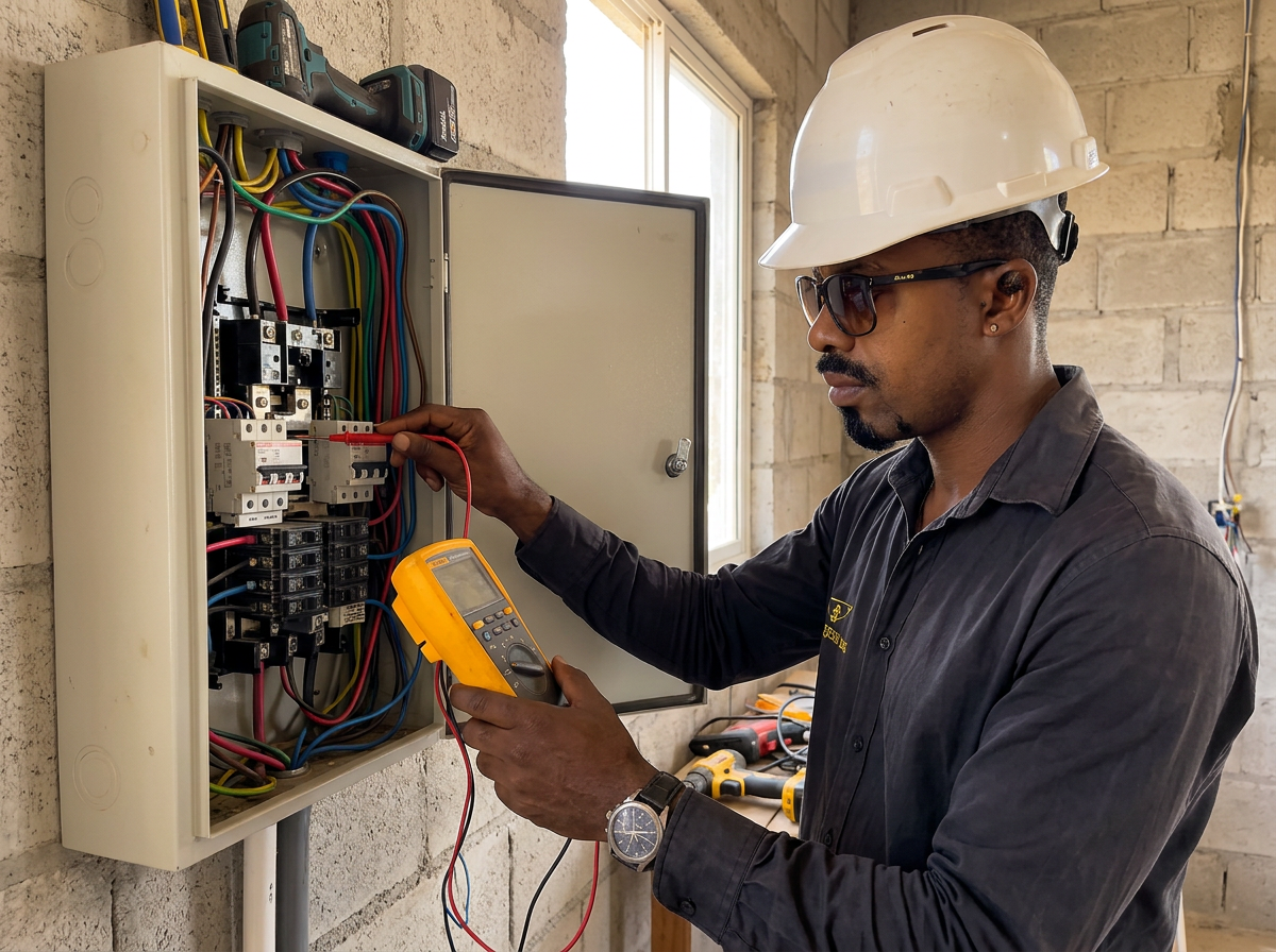 Eletricista trabalhando em quadro de disjuntores